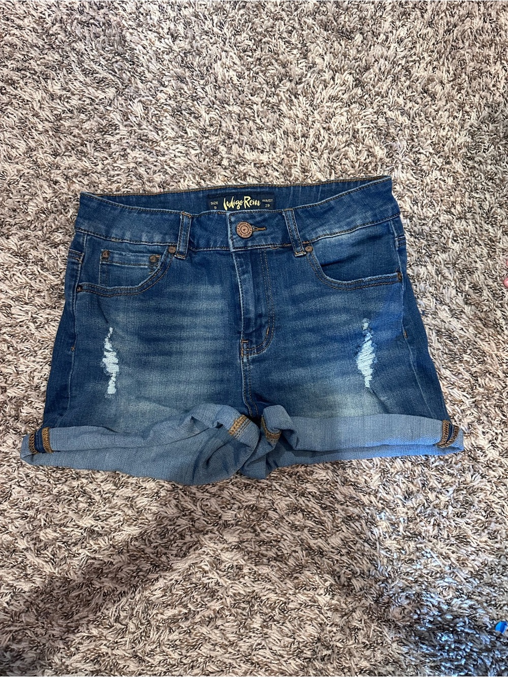 Indigo Rein Women's Medium Blue Rolled Cuff Distressed Denim Shorts